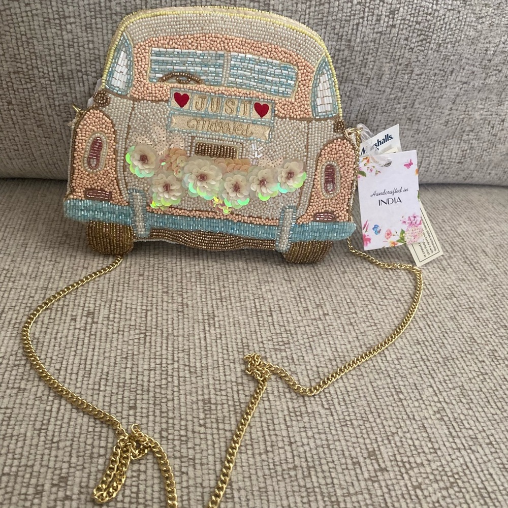 Beaded Just Married Crossbody with Gold Chain and Cream Satin Lining